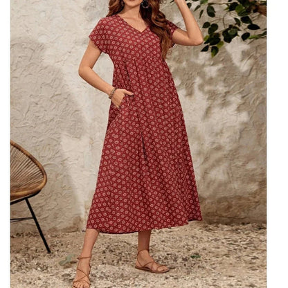 Robe à col V en lin et coton vintage