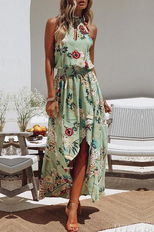 Robe verte à col rond et imprimé floral