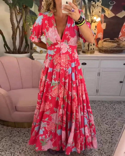 Robe à col en V avec imprimé floral