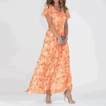 Robe longue cripes à fleurs et volants