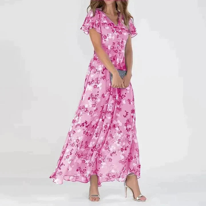 Robe longue cripes à fleurs et volants