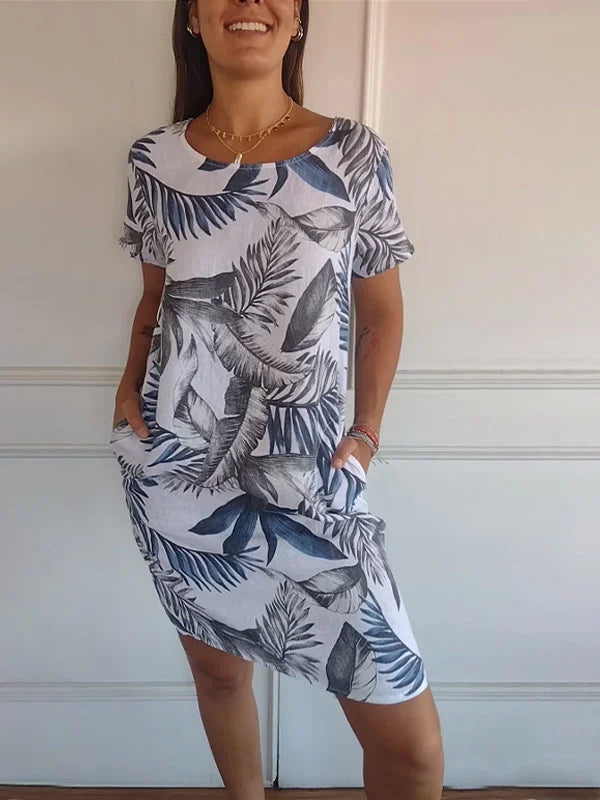 – Robe imprimée en coton et lin pour femme avec col rond