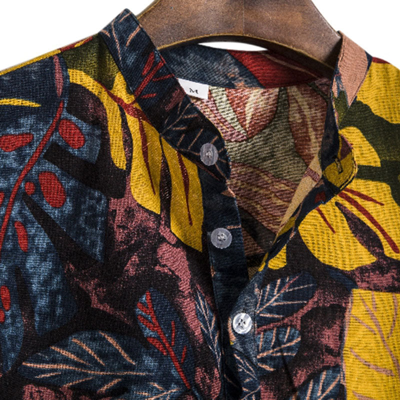 à manches courtes pour hommes avec imprimé tropical, poche et boutonnière