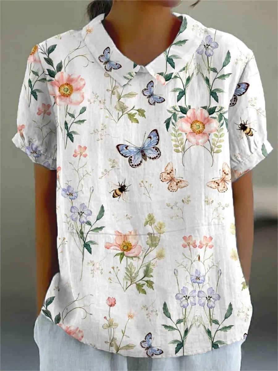 Chemise décontractée en coton et lin à imprimé floral pour femmes