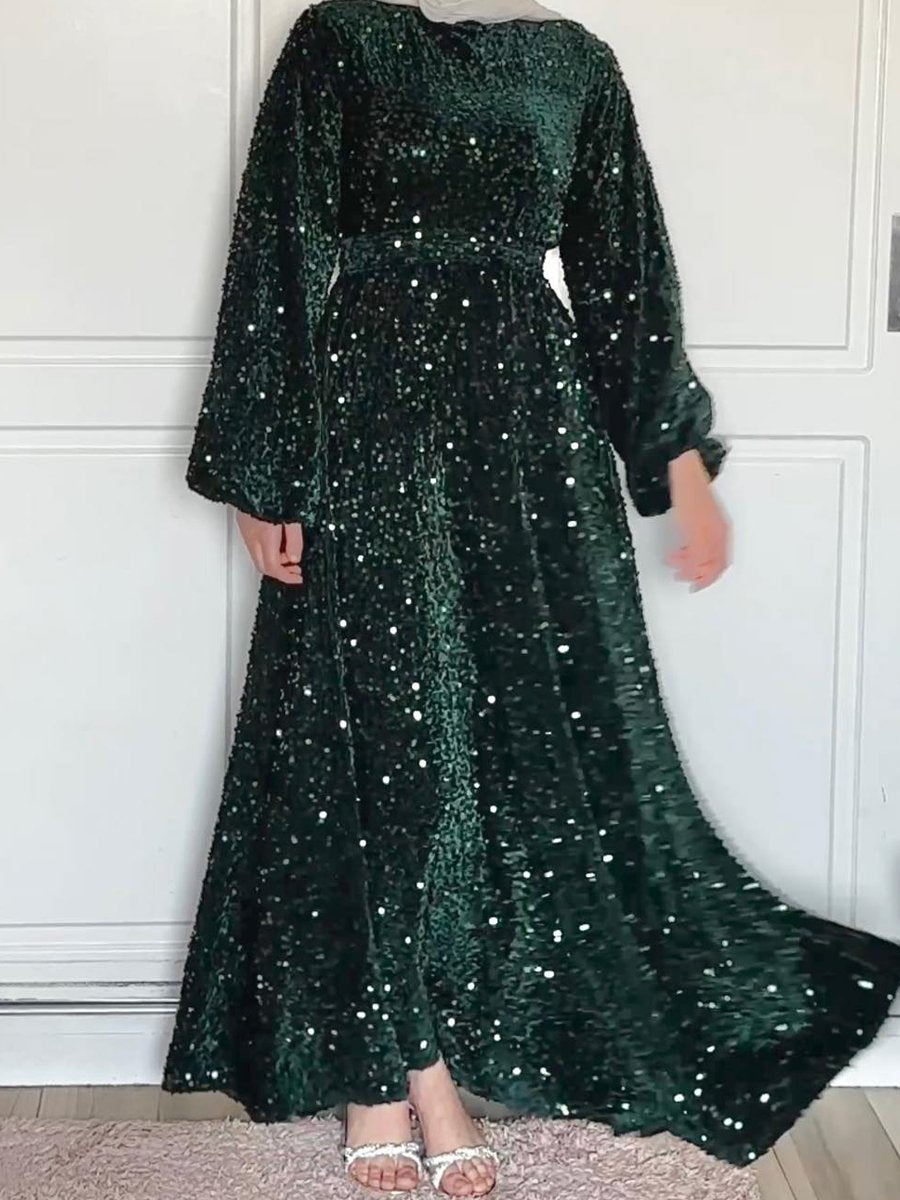 Robe à paillettes à manches longues et col rond