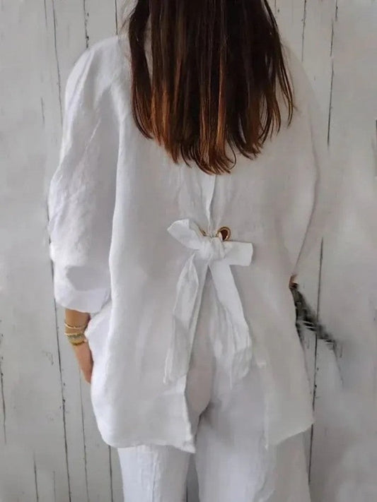 Chemise décontractée en coton et lin pour femme avec nœud en ruban