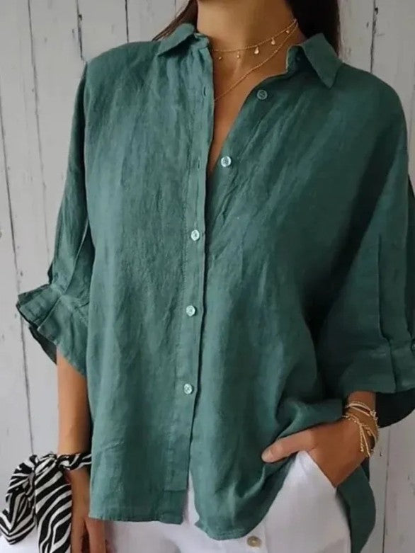 Chemise décontractée en coton et lin pour femme avec nœud en ruban