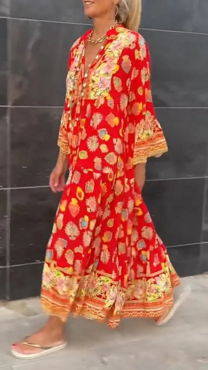 Robe à manches longues avec décolleté en V et motif rétro