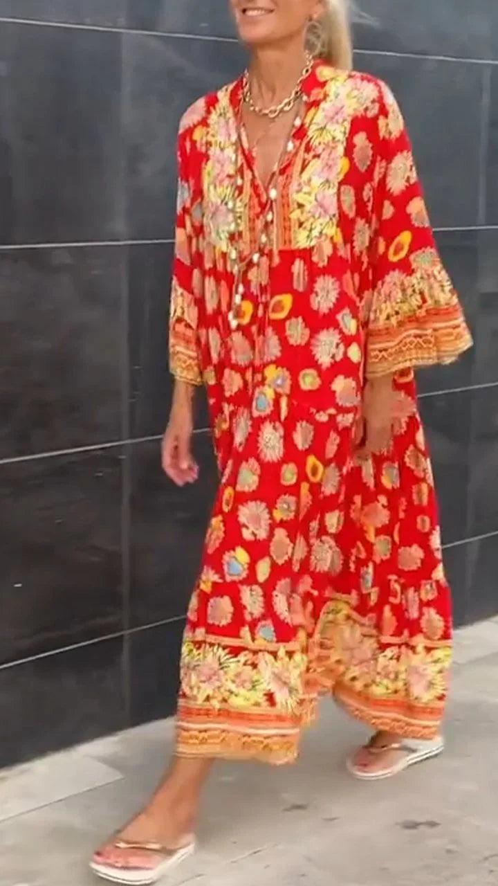 Robe à manches longues avec décolleté en V et motif rétro