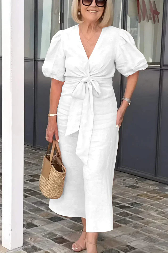 Robe en coton avec col en V et manches bouffantes