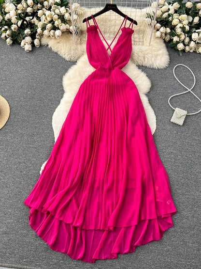 ModeParisienne® Robe d'été rose-rouge à volants croisés et décolleté en V profond