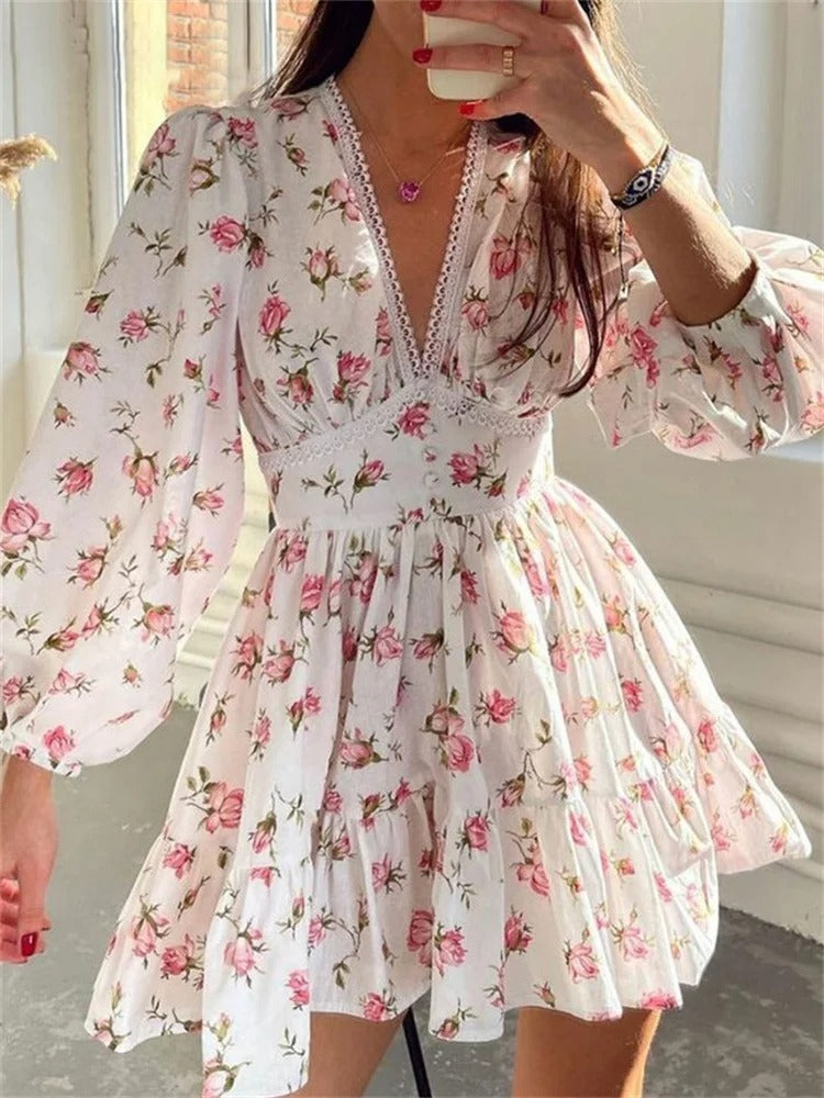 ModeParisienne® Robe d'été florale à manches lanternes, col en V profond, taille haute