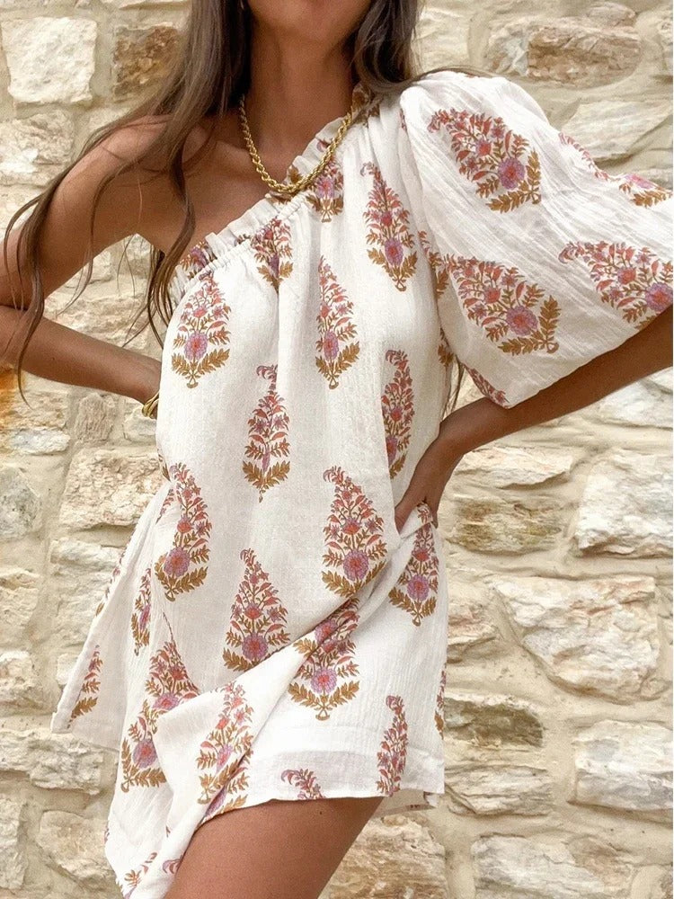 Robe d'été asymétrique blanche imprimé arbre ModeParisienne®