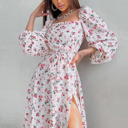 ModeParisienne® Robe d'été à manches lanternes avec imprimé floral et fentes latérales