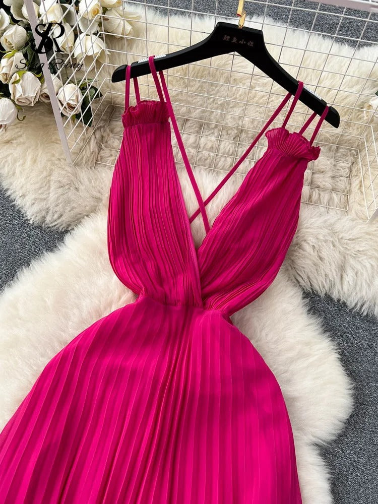 ModeParisienne® Robe d'été rose-rouge à volants croisés et décolleté en V profond