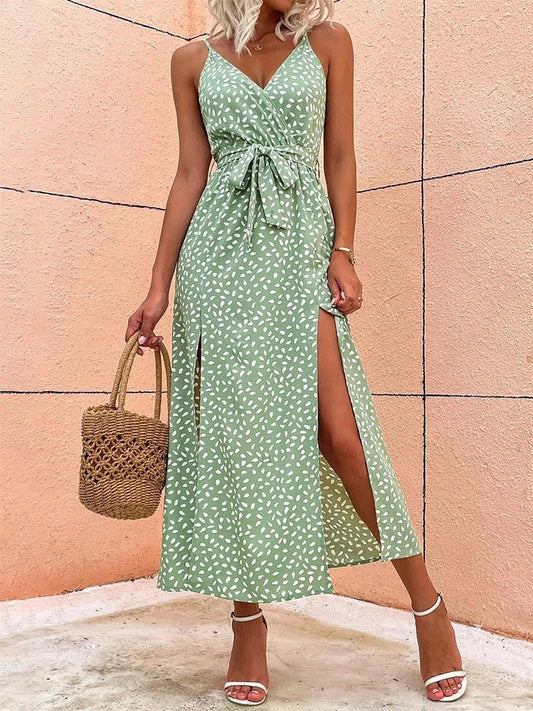 ModeParisienne® - Robe d'été fendue dos nu à bandes avec imprimé floral