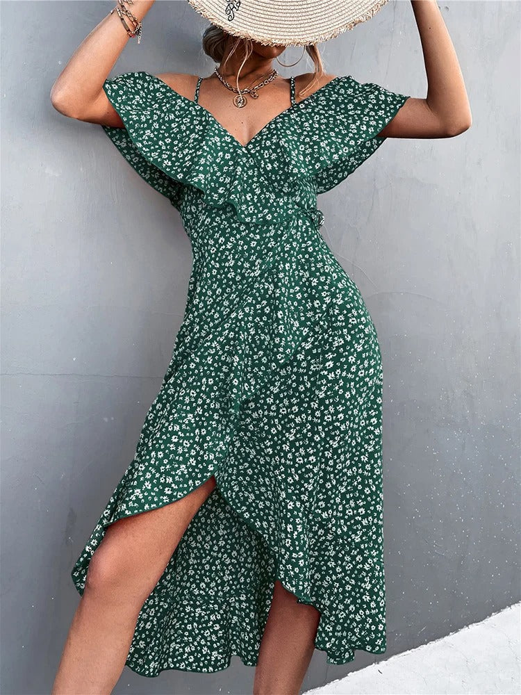 Robe d'été ModeParisienne® avec volants dos nu et imprimé fleuri