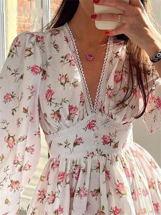 ModeParisienne® Robe d'été florale à manches lanternes, col en V profond, taille haute