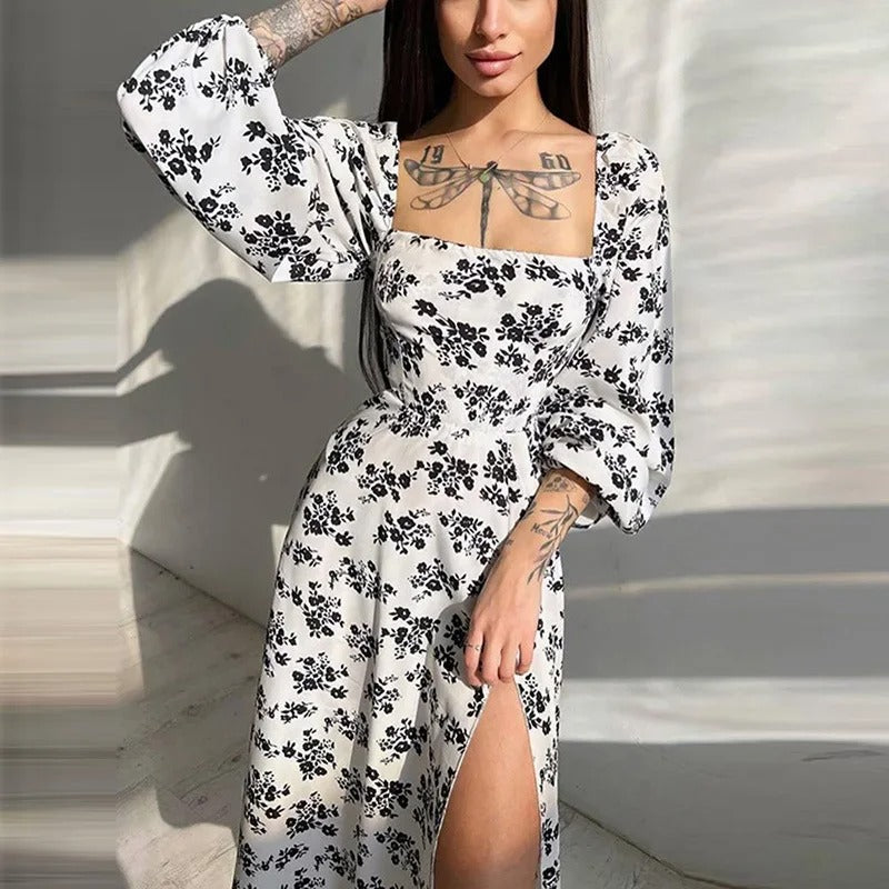 ModeParisienne® Robe d'été à manches lanternes avec imprimé floral et fentes latérales