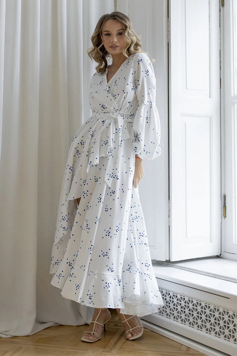 ModeParisienne® Robe d'été blanche à pois, manches longues et volants