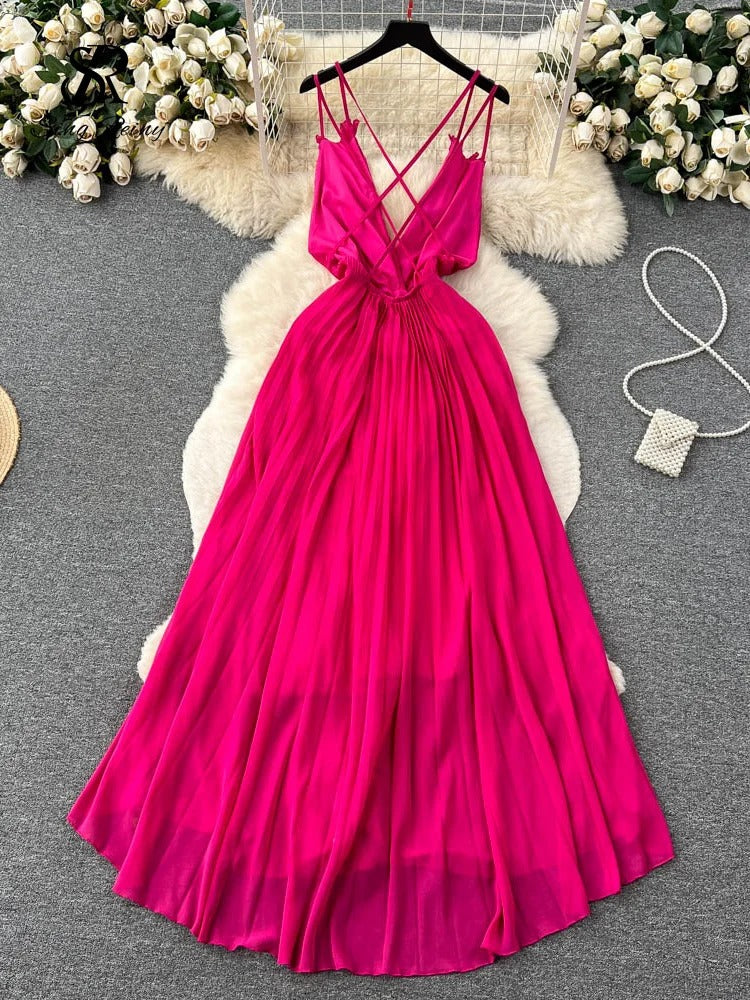 ModeParisienne® Robe d'été rose-rouge à volants croisés et décolleté en V profond