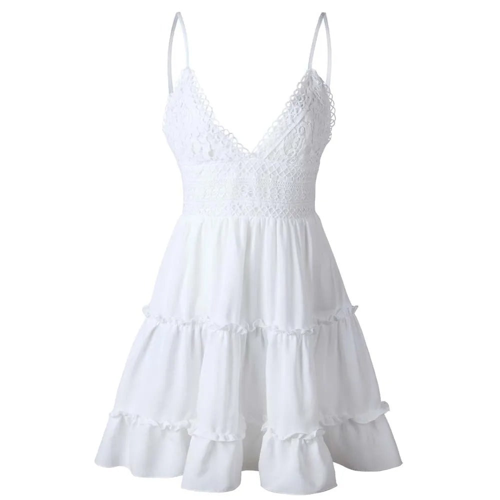 ModeParisienne® Robe d'été en dentelle blanche avec volants et plis