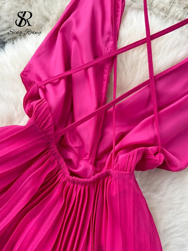 ModeParisienne® Robe d'été rose-rouge à volants croisés et décolleté en V profond