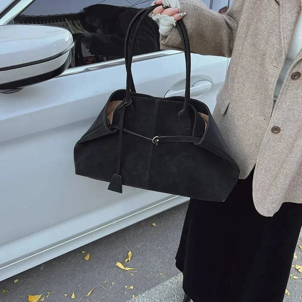 Große Wildleder Schultertasche, Damentasche für die Arbeit mit Bindungsdetail