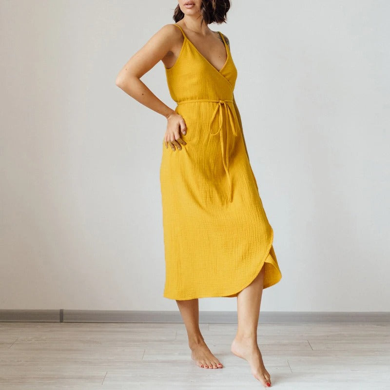 ModeParisienne® Robe d'été sans manches en crêpe de coton à col V