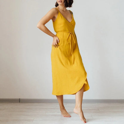 ModeParisienne® Robe d'été sans manches en crêpe de coton à col V