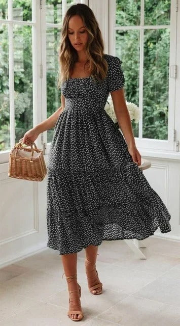 Robe d'été vintage ModeParisienne® à manches bouffantes et imprimé à pois