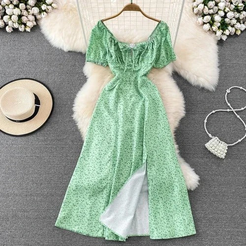 Robe d'été vintage ModeParisienne® avec manches boules à imprimé floral et taille fine