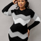 Robe Pull à Motif Chevron à Col Montant et Manches Longues