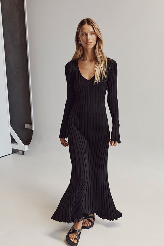 Robe midi en Maille Yasmin avec col et Manches en V