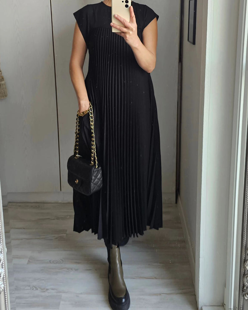 Robe Plissée et Simple de Couleur Unie sans Manches