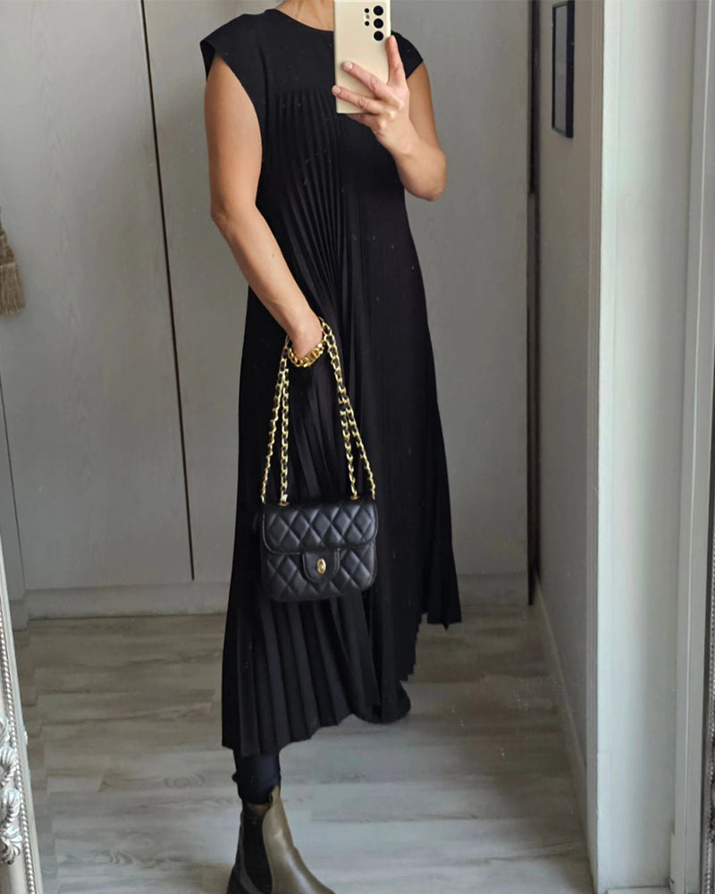 Robe Plissée et Simple de Couleur Unie sans Manches
