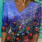 T-shirt à col V avec peinture de fleurs