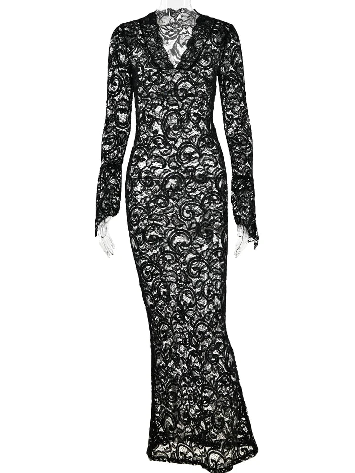Heather | REKKEN KANT TRANSPARANTE V-HALS MAXI SEXY JURK