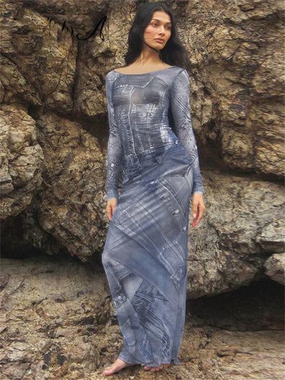 Maci | PRINT MESH MAXI JURKEN MET LANGE MOUWEN