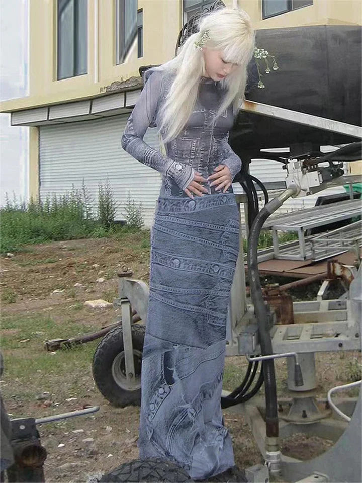 Maci | PRINT MESH MAXI JURKEN MET LANGE MOUWEN