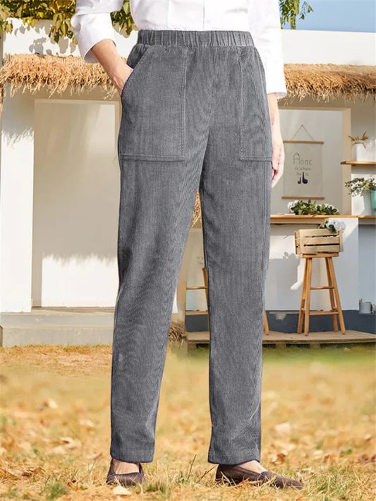 Isley - Pantalon décontracté en velours côtelé pour femmes, de couleur unie, à taille élastique et jambe droite