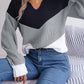 Effen patchwork trui met v-hals en strepen