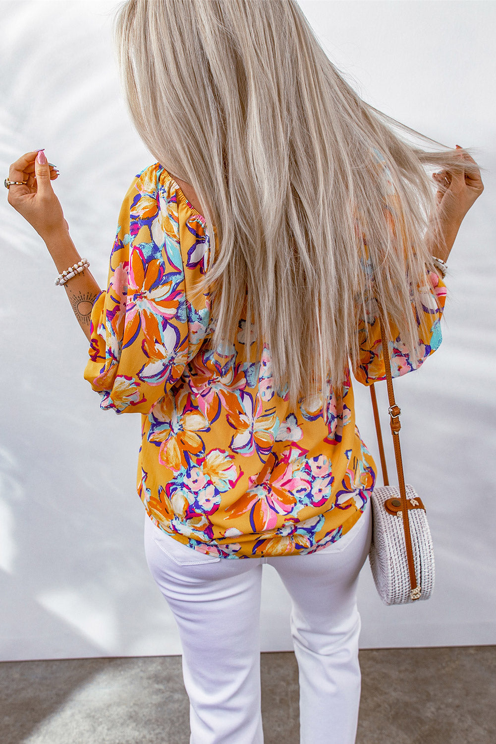 Oranje Bloemenprint Blouse met Elastische Halslijn