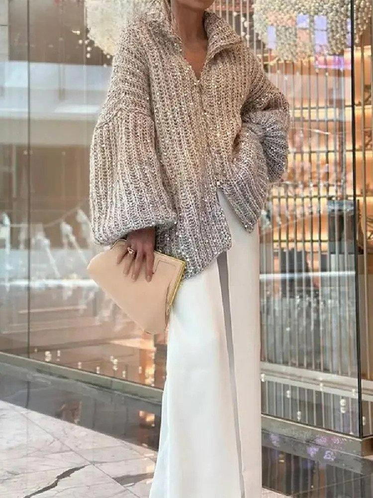 VogueDazzle™ - Dames Casual trui met pailletten en V-hals