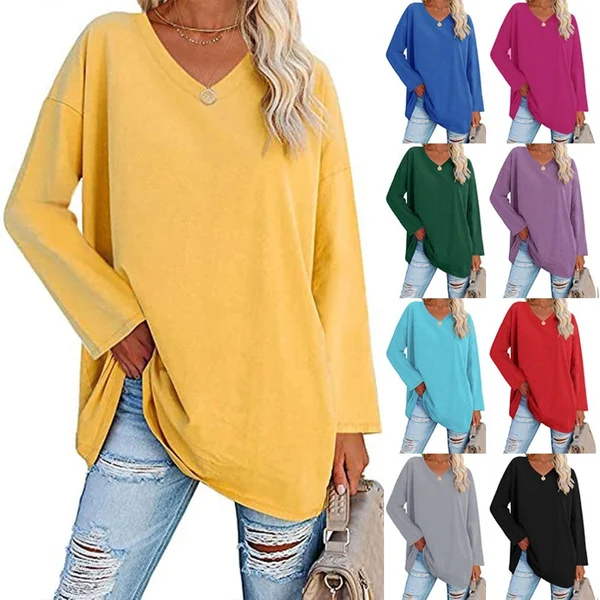 Haut en tricot ample à manches longues et col en V pour femmes