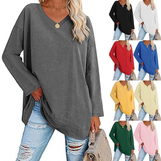Haut en tricot ample à manches longues et col en V pour femmes